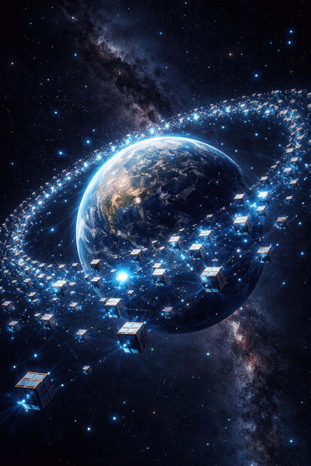 Satellite constellation orbiting Earth - space-based data centers concept